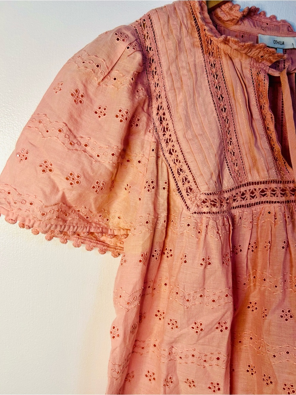 Soft Pink Eyelet Peasant Blouse with Tassel Tie - Picture 4 of 9